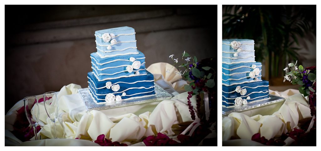 Blue and white three tiered cake