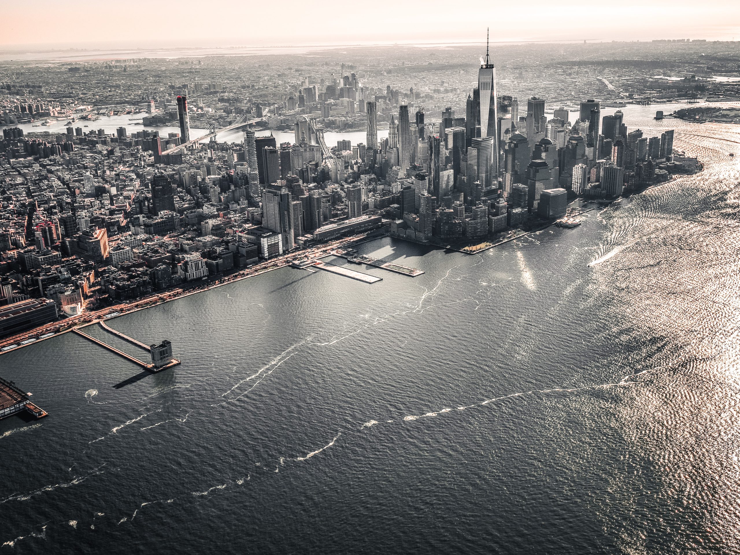 Aerial photo of NYC skyline and harbor by Carl Solder