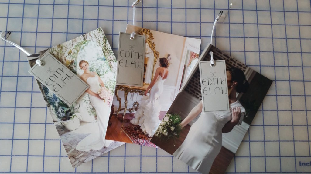 Photo hangtags of wedding dress styles by Charleston bridal designer Edith Élan