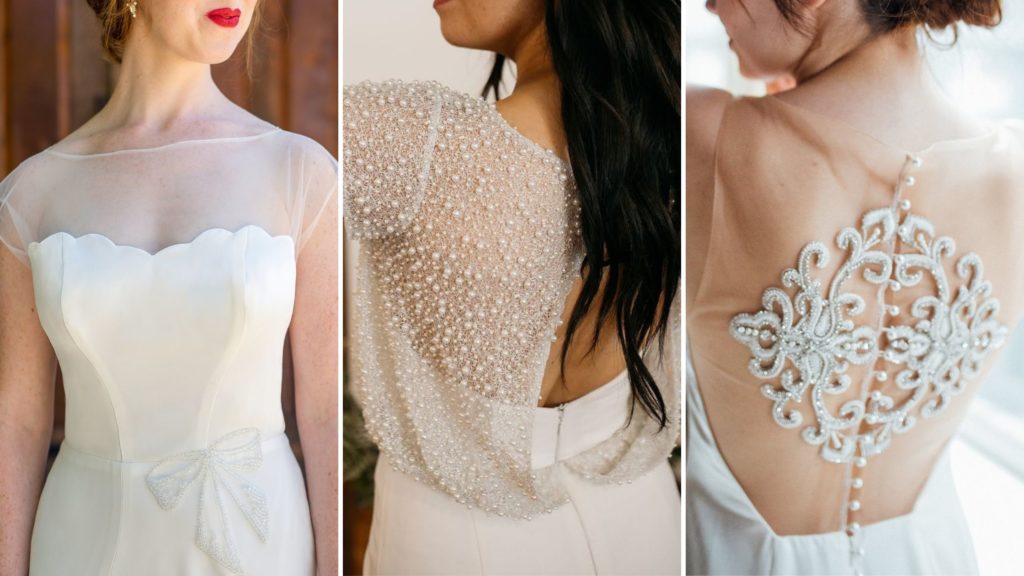 Wedding dress trends blog post collage featuring three timeless bridal designs
