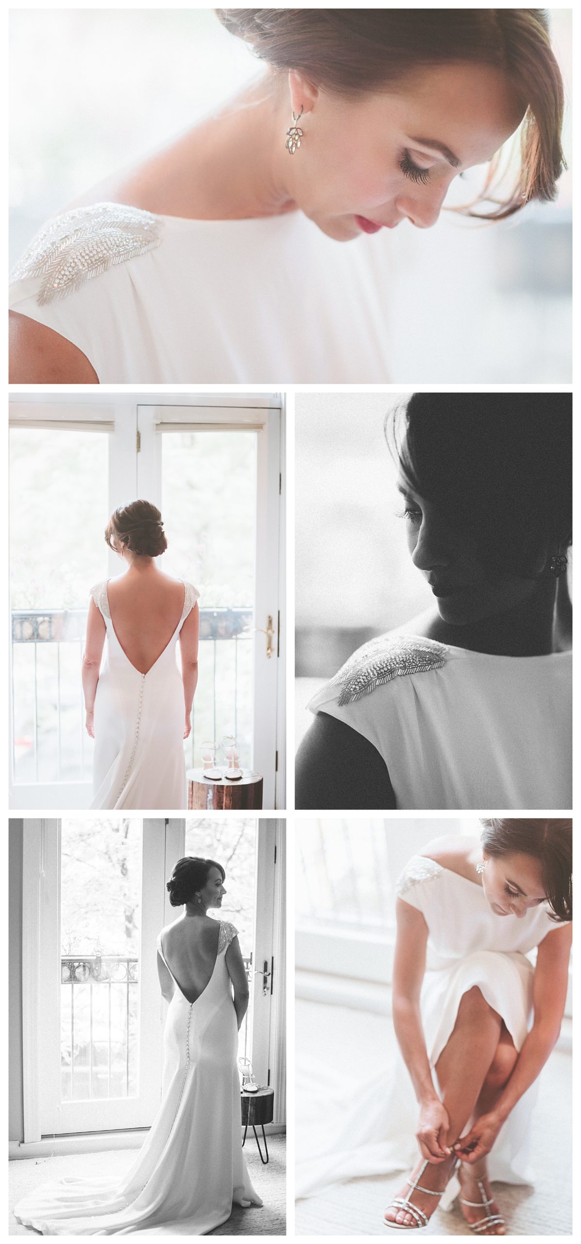 Photo collage of a bride getting dressed in her low back crepe wedding gown