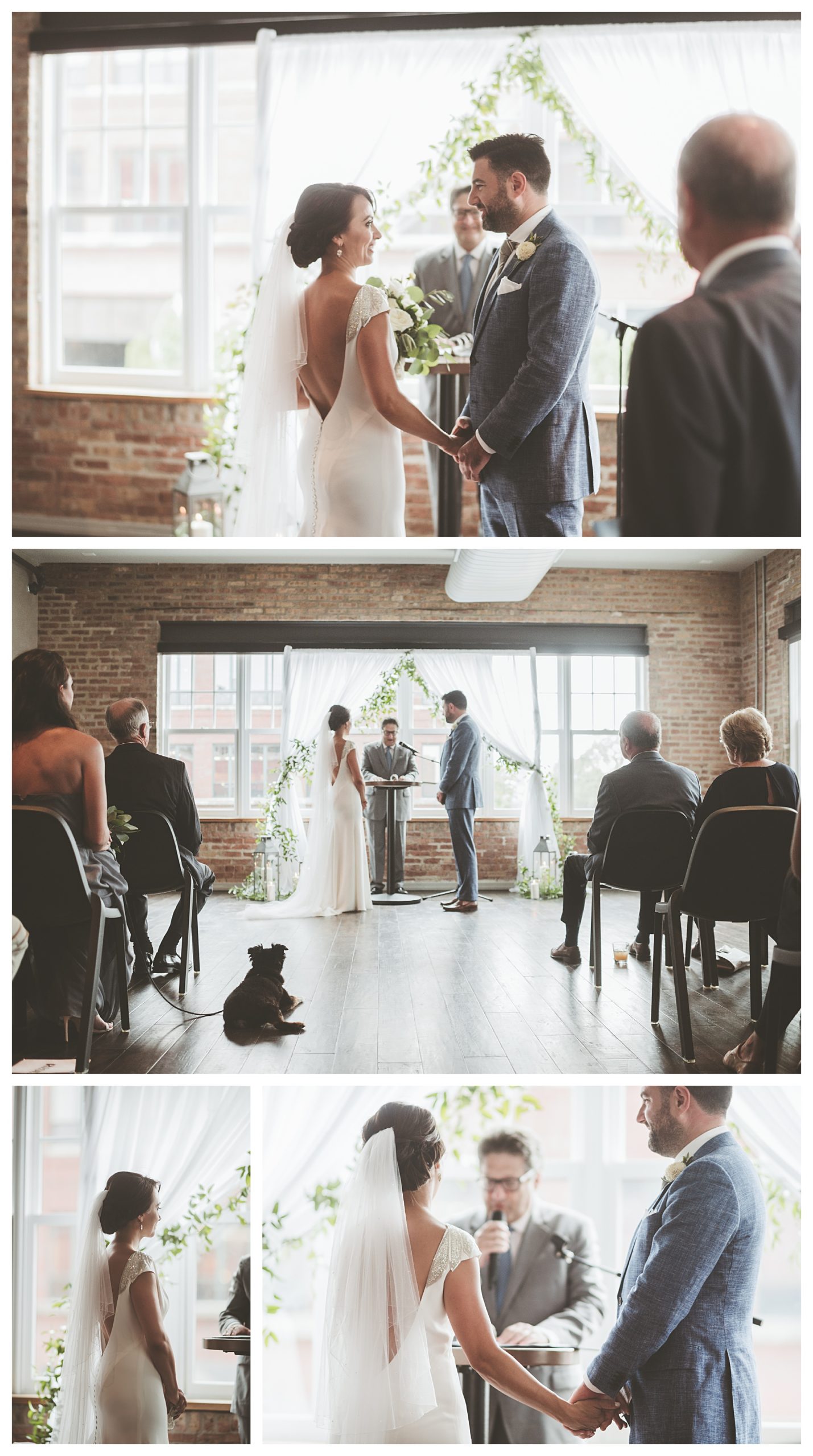 Photo collage of a real Chicago bride and groom's wedding ceremony at Morgans on Fulton