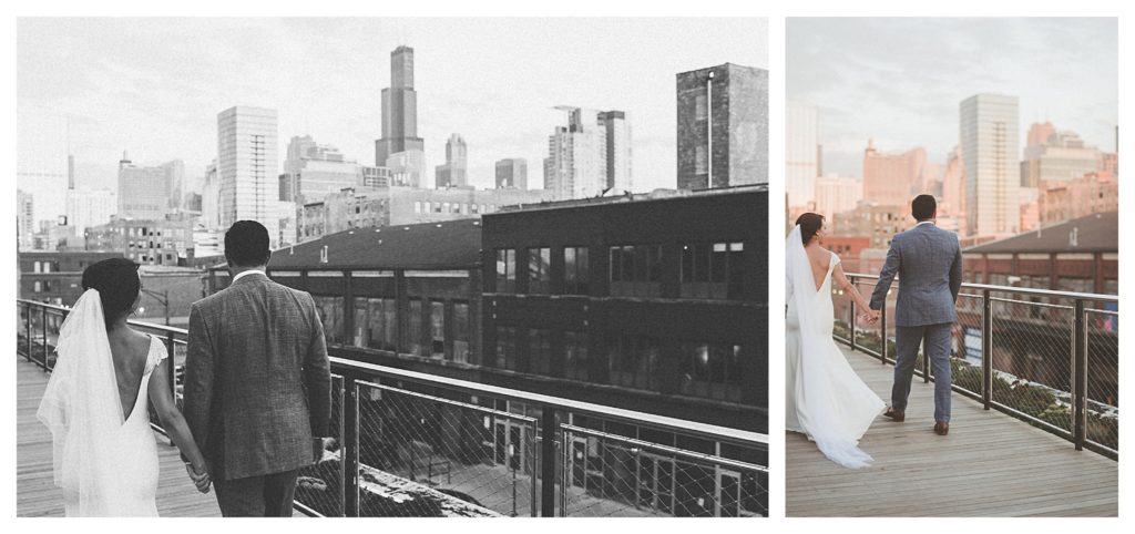 Photo collage of a Chicago bride and groom walking with the Chicago skyline in the back