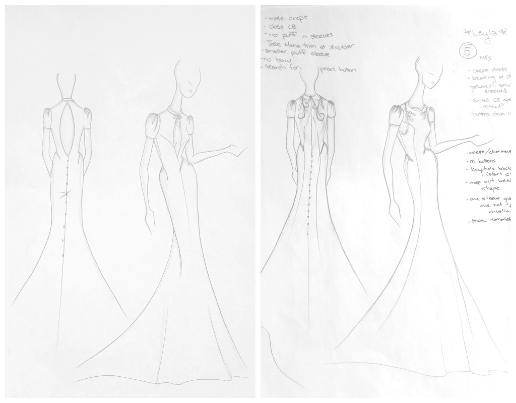 Leyla crepe wedding gown design sketches by indie bridal designer Edith Elan