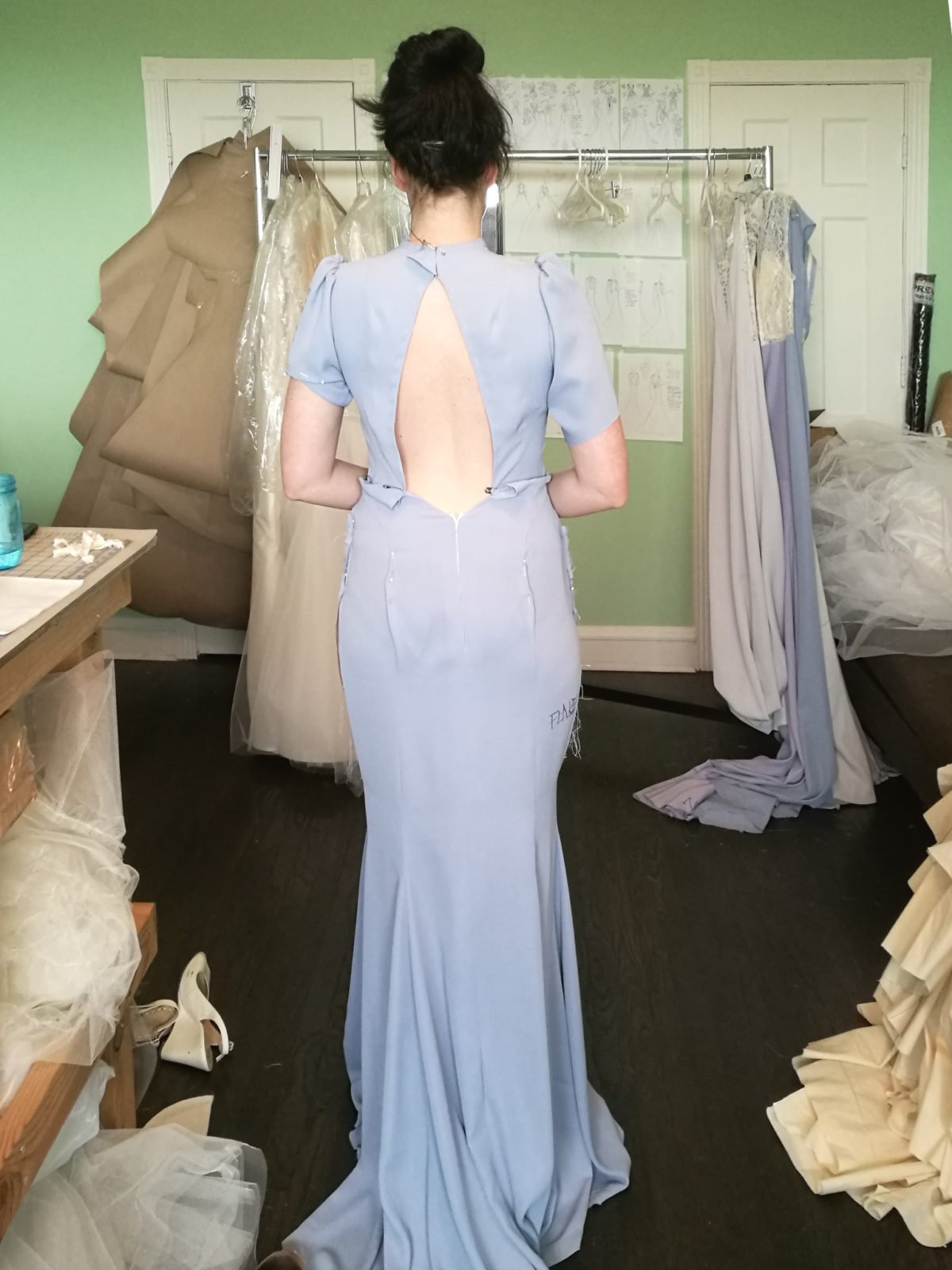 Muslin fitting of the Leyla wedding dress with a keyhole back.