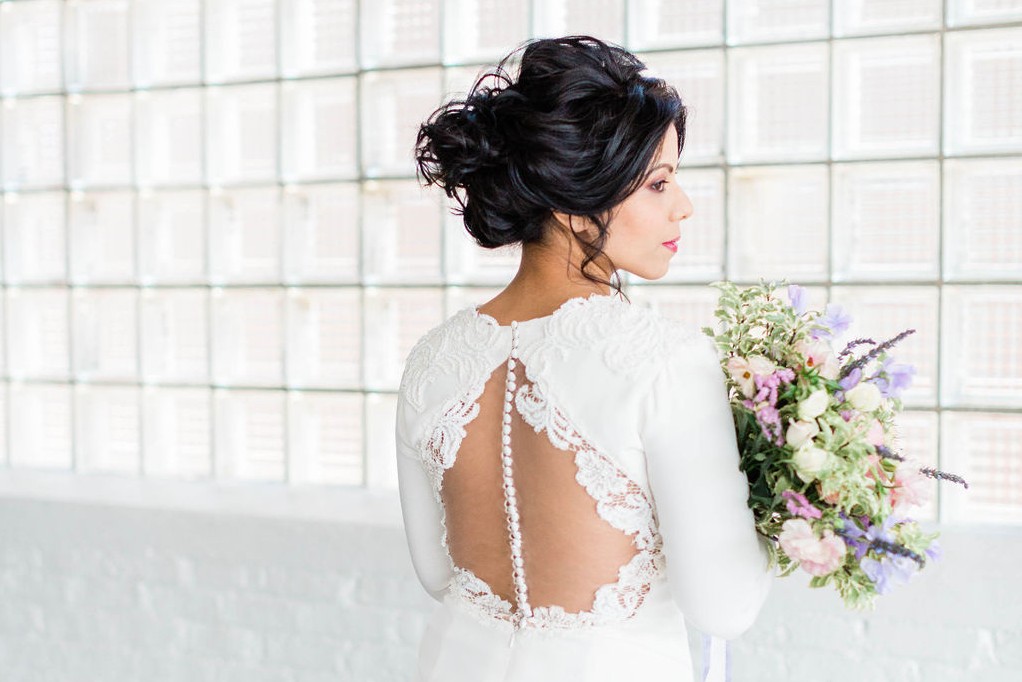 Illusion back crepe wedding gown with sleeves by indie bridal designer Edith Elan of Charleston SC