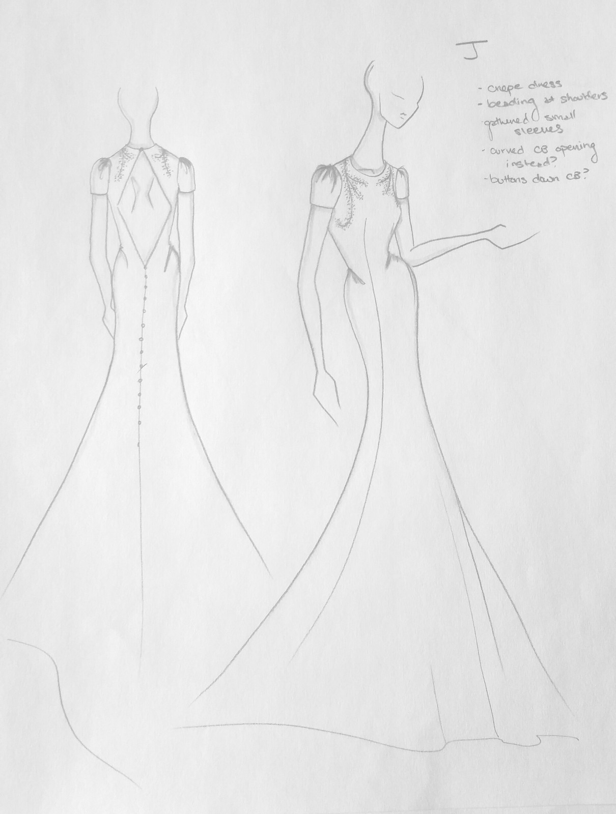 Original sketch of the Leyla crepe wedding gown by indie bridal designer Edith Elan of Charleston SC