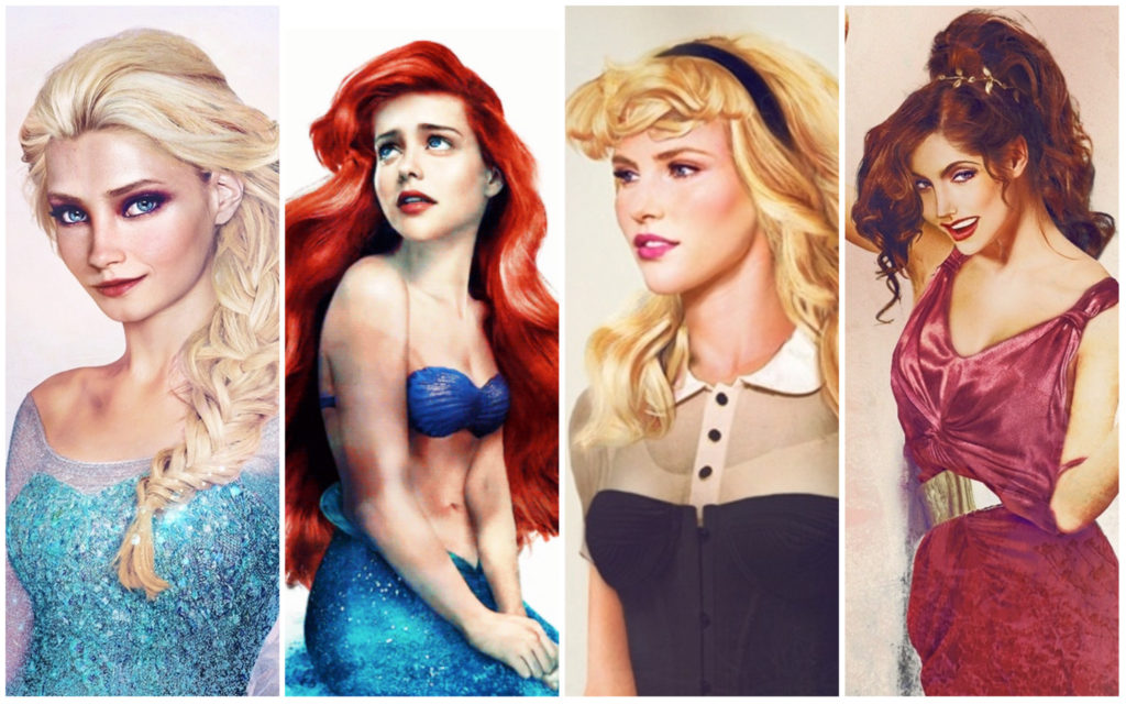 Collage of four Disney princess illustrations by Jirka Vinse Jonatan