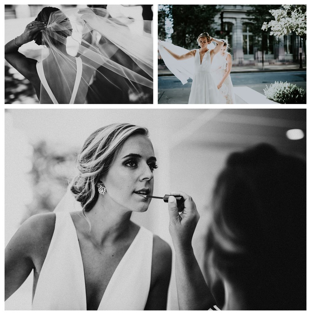 Photo collage of the bride getting touched up for photos in St Louis