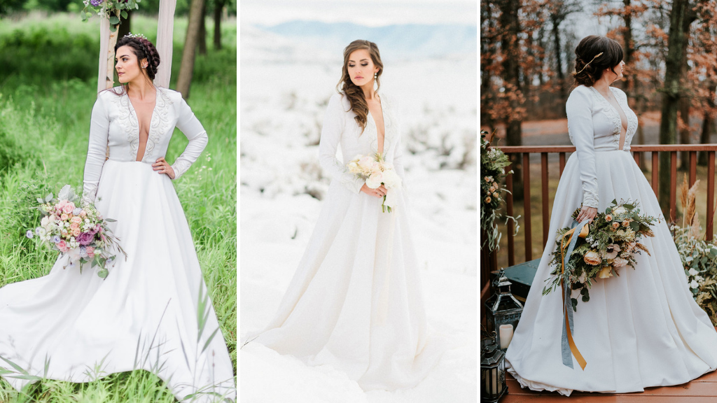 The Iman ballgown wedding dress with sleeves by Edith Élan styled three different ways.
