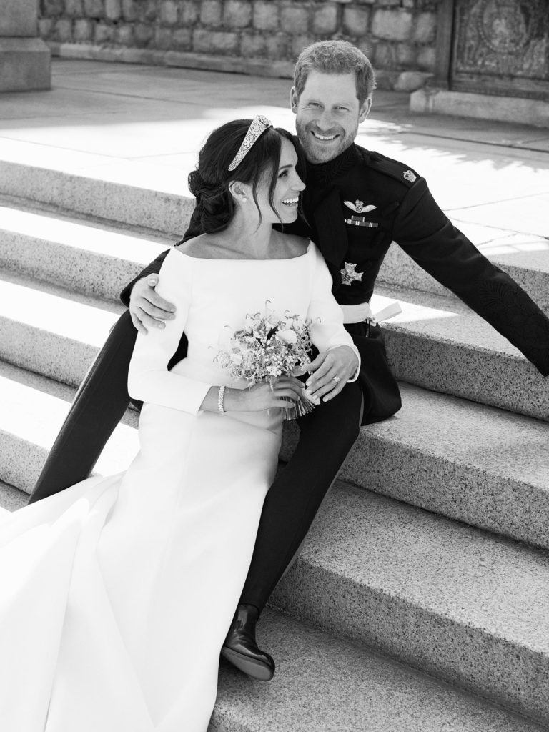 Black and white official royal portrait of Prince Harry and Meghan Markle after the royal wedding