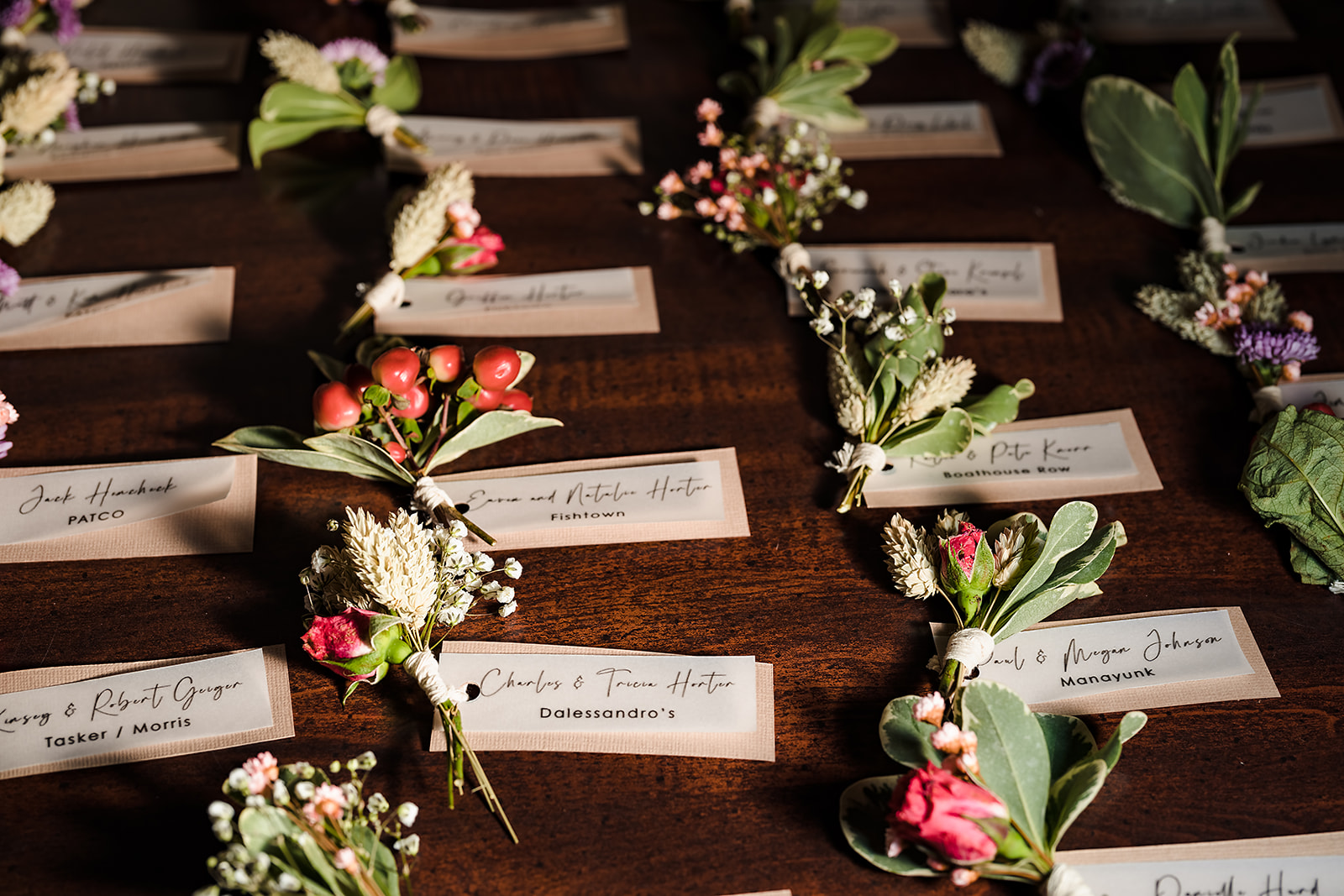 Philadelphia wedding romantic boho placecards with mini sprigs of flowers