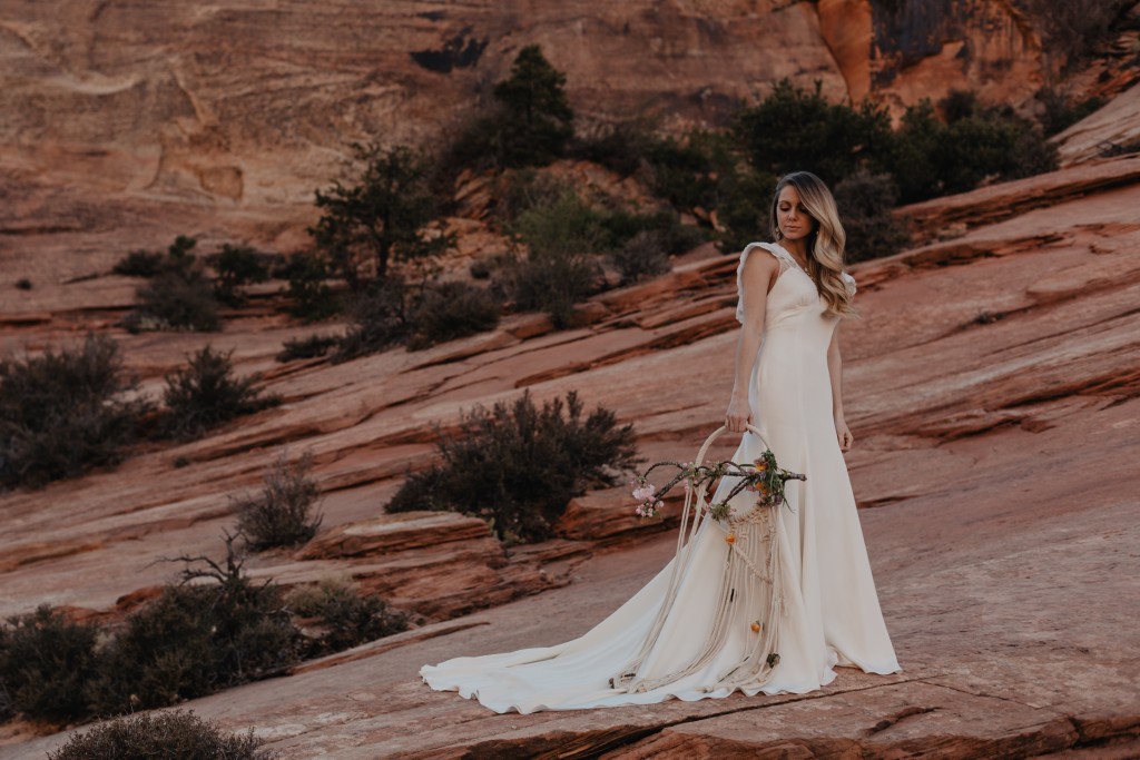 The archived Wisteria wedding dress by Edith Elan photographed in the canyons of Zion Utah.
