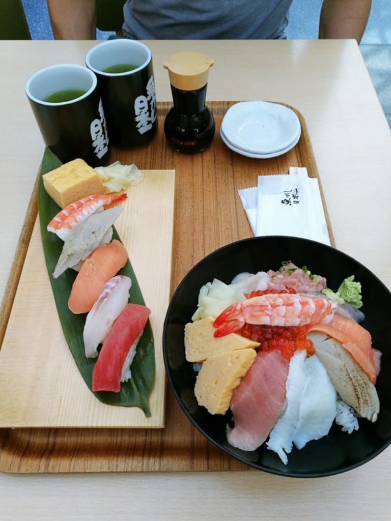 Nigiri sushi and a sashimi bowl at the Haneda airport in Tokyo.