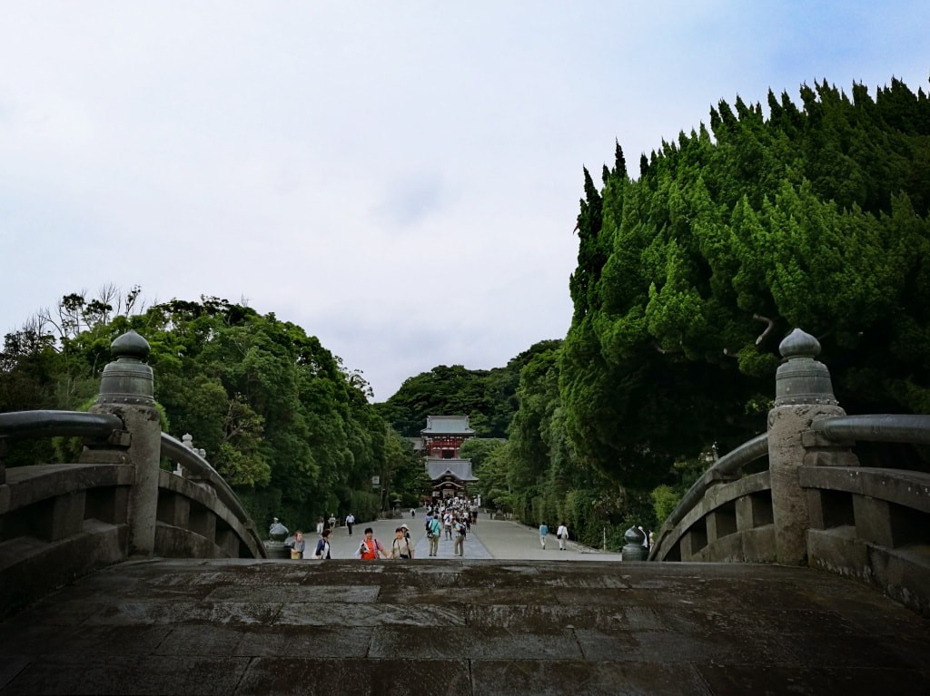 Kamakura shrine in the distance as seen from the foot bridge.