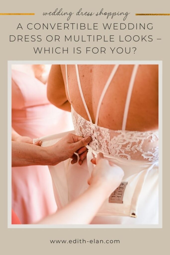 Pinterest pin graphic image for the blog post on convertible wedding dresses and if they're for you.