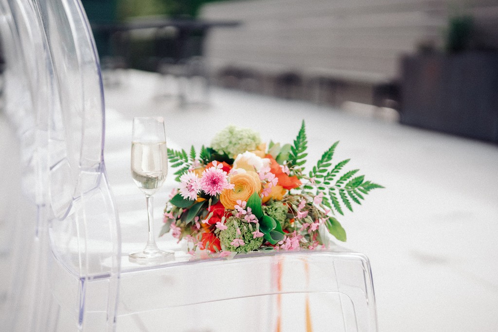 The colorful bridal bouquet for a Spring Asheville brewery wedding