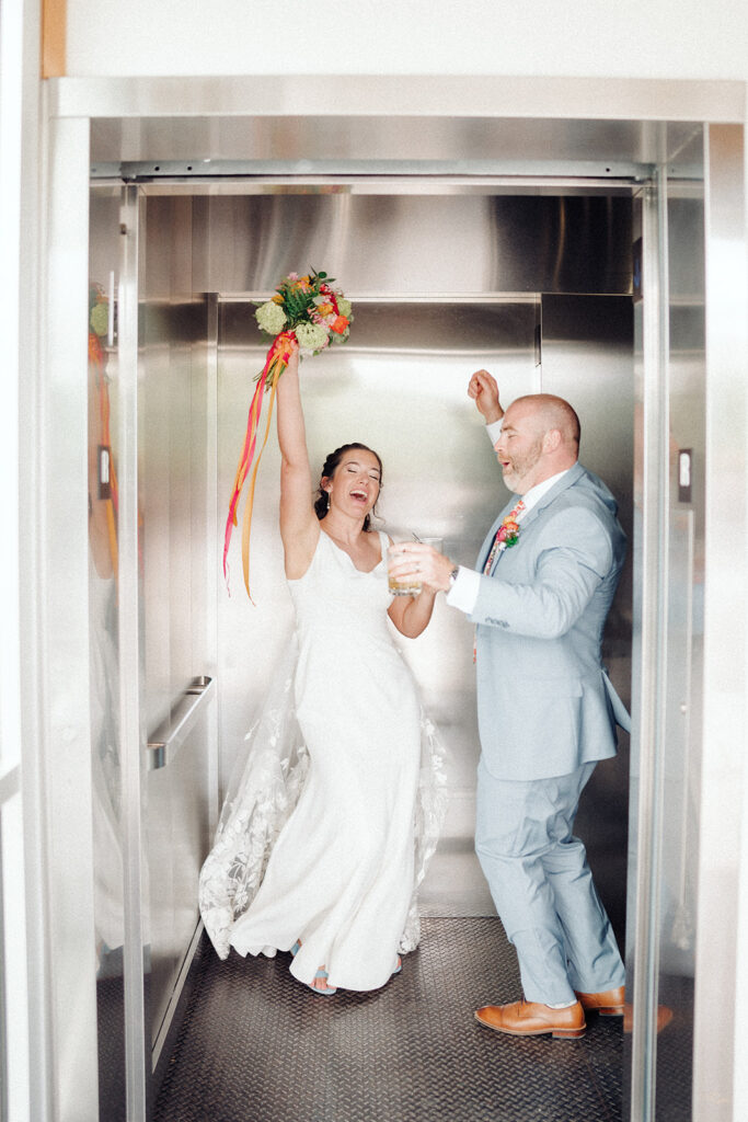 Fun photo of the newlyweds before their Asheville brewery wedding