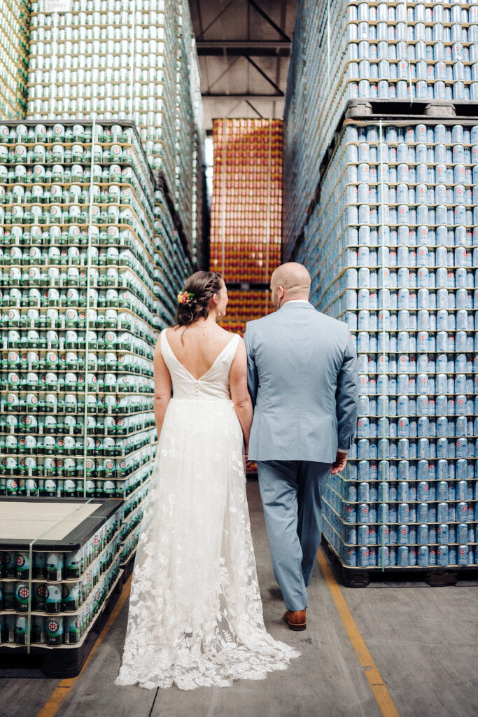 First look portrait in the Highland Brewing can room