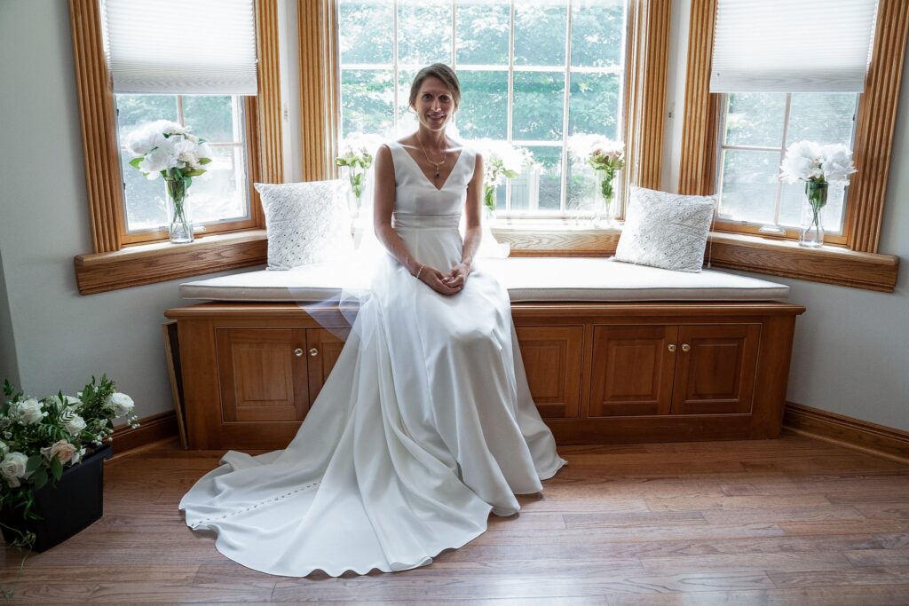 Edith Élan bride in her bespoke wedding gown in silk crepe