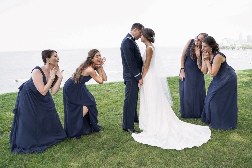 Bride and groom portrait with the bridesmaids