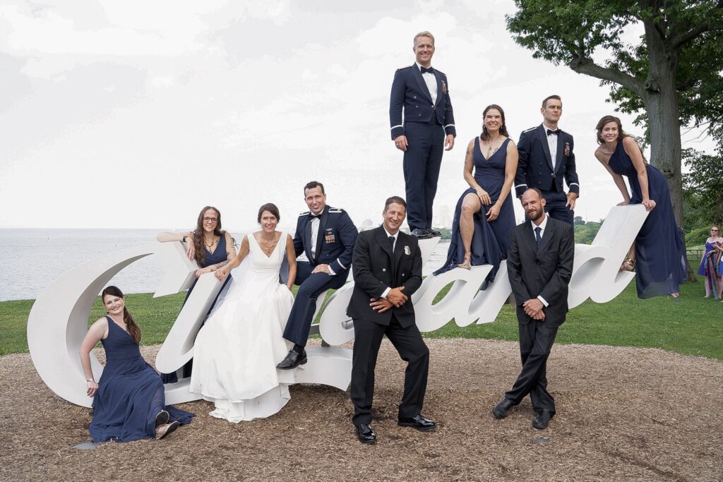 Bridal party portrait at the Cleveland sign on the waterfront