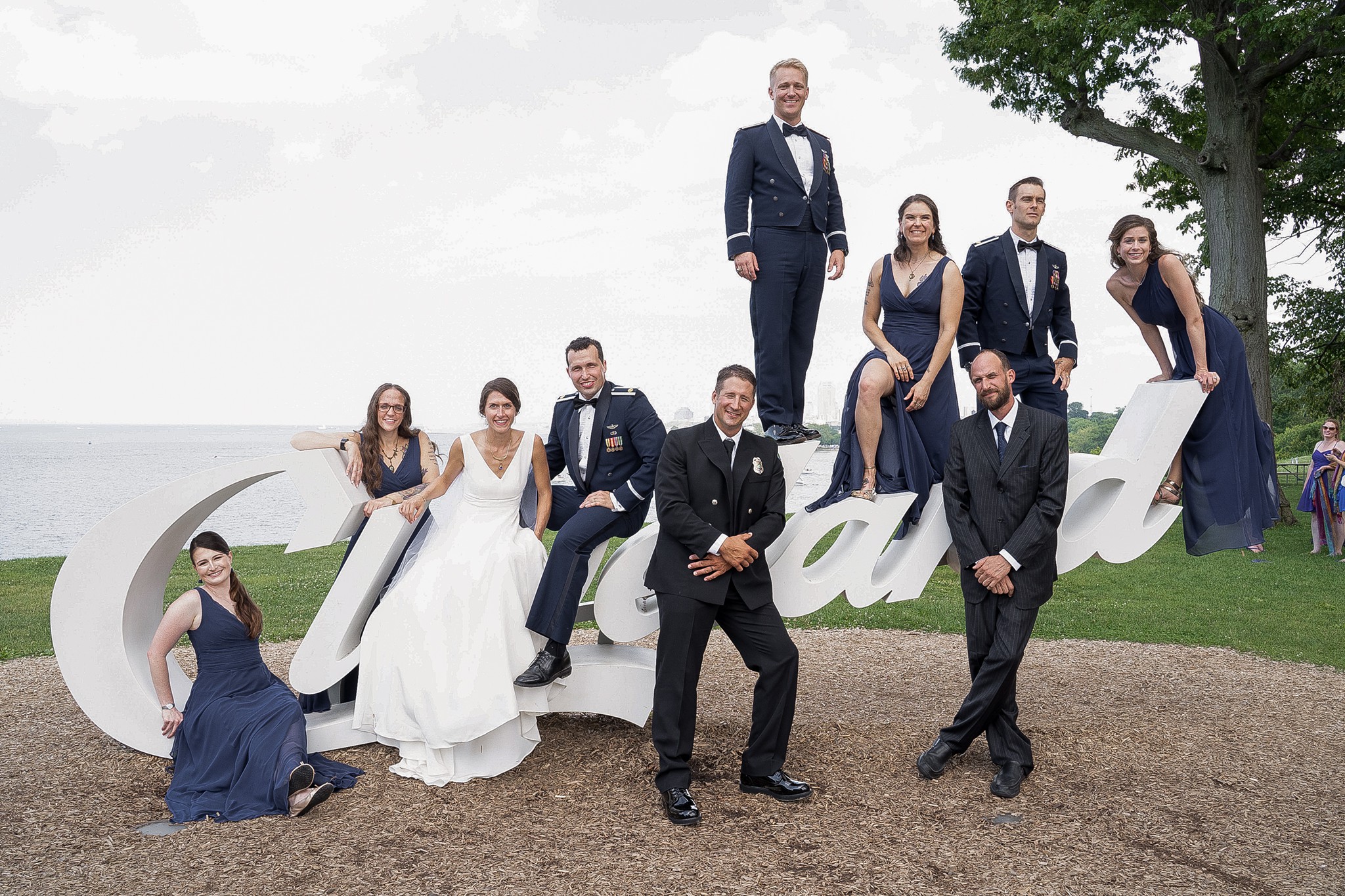 Bridal party portrait at the Cleveland sign on the waterfront