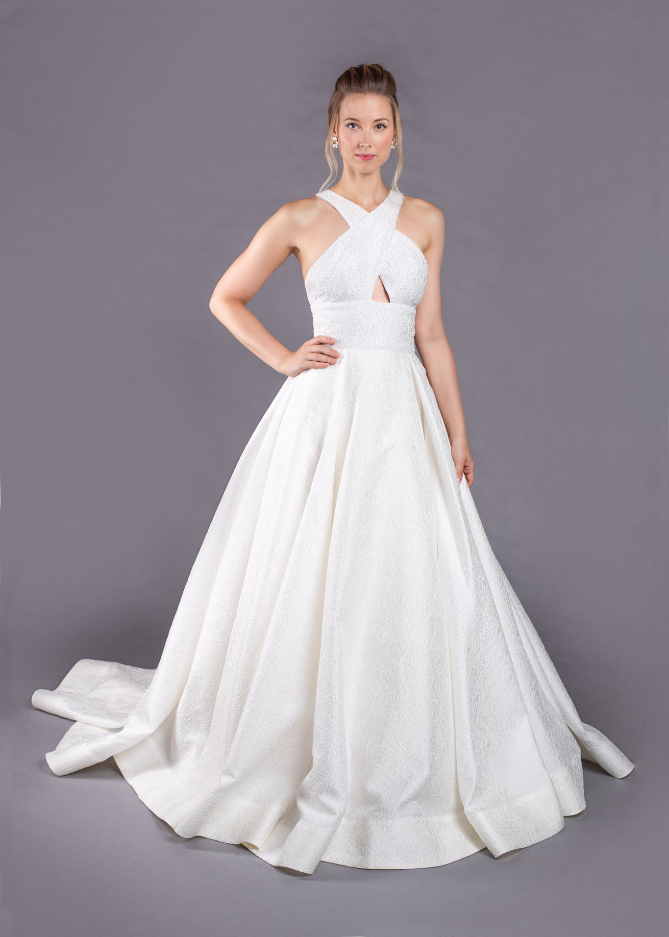 Joan modern ballgown bridal gown in a floral jacquard wedding dress fabric