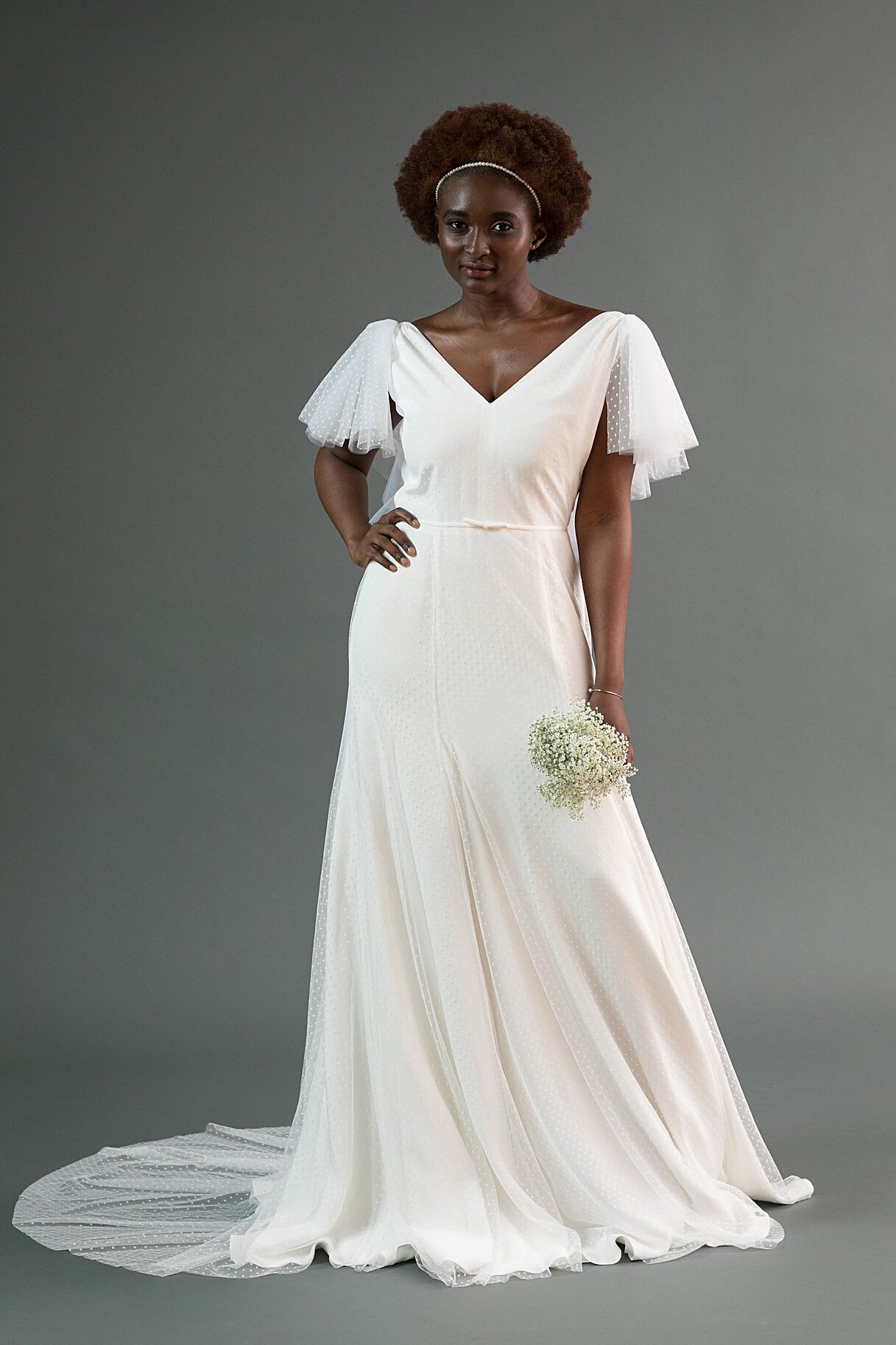 Mai Swiss dot wedding dress with flutter sleeves