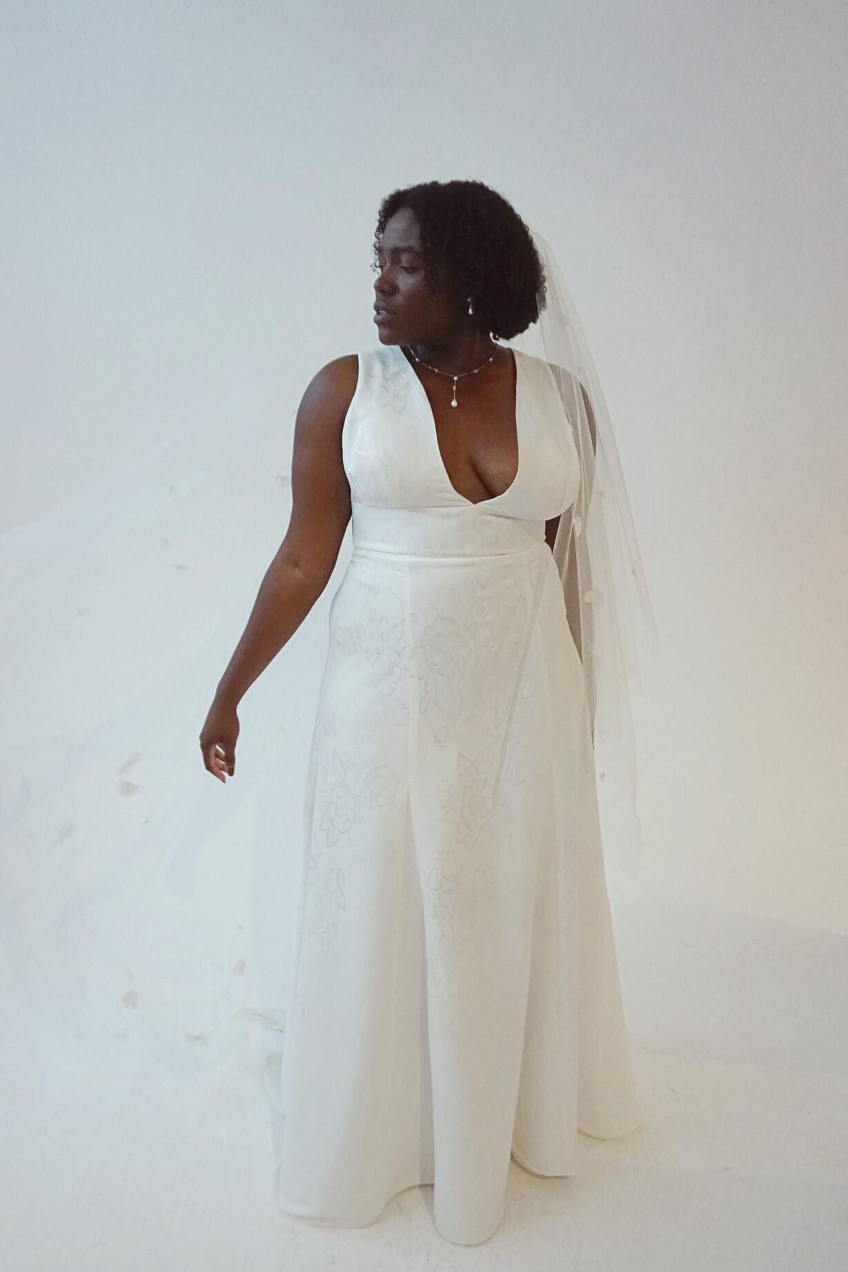 Sol floral crepe jacquard wedding dress with V-neck