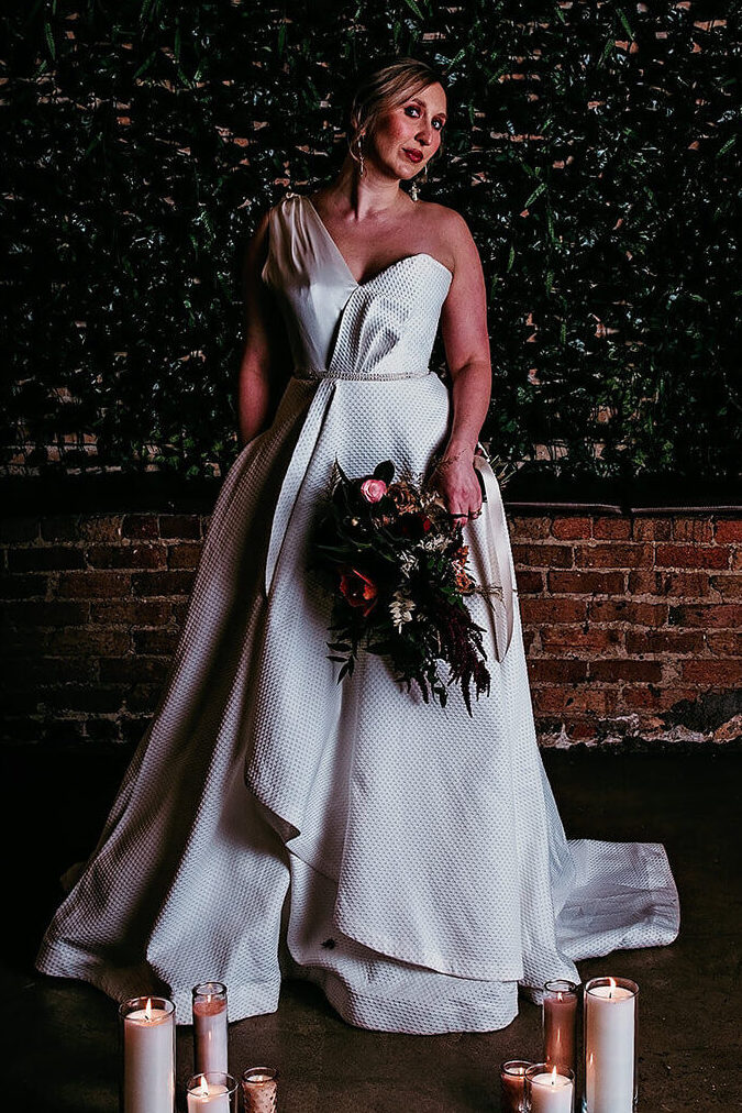 Kimi asymmetrical a-line wedding dress in textured dot jacquard.