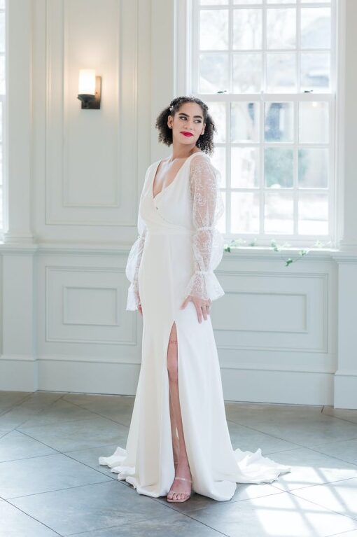 Anatomy of a dress: sheer double puff sleeve wedding gown.