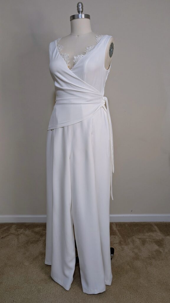 Custom bridal design process: front of a bridal jumpsuit by Edith Élan after final fittings.